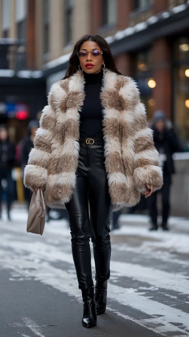 White and cream colored faux fur coats