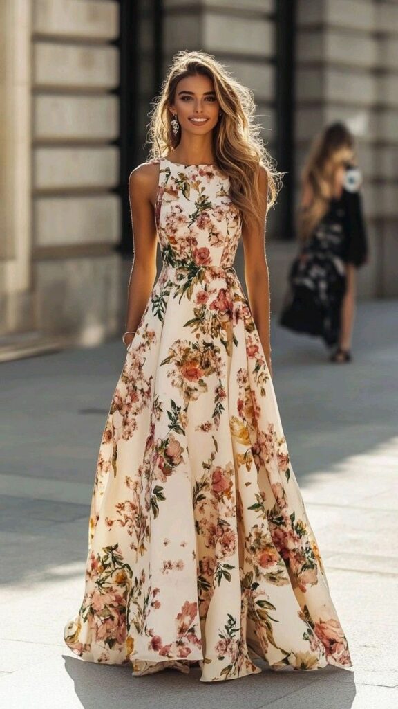 Model in long floral shoulderless dress example of Maxi dresses