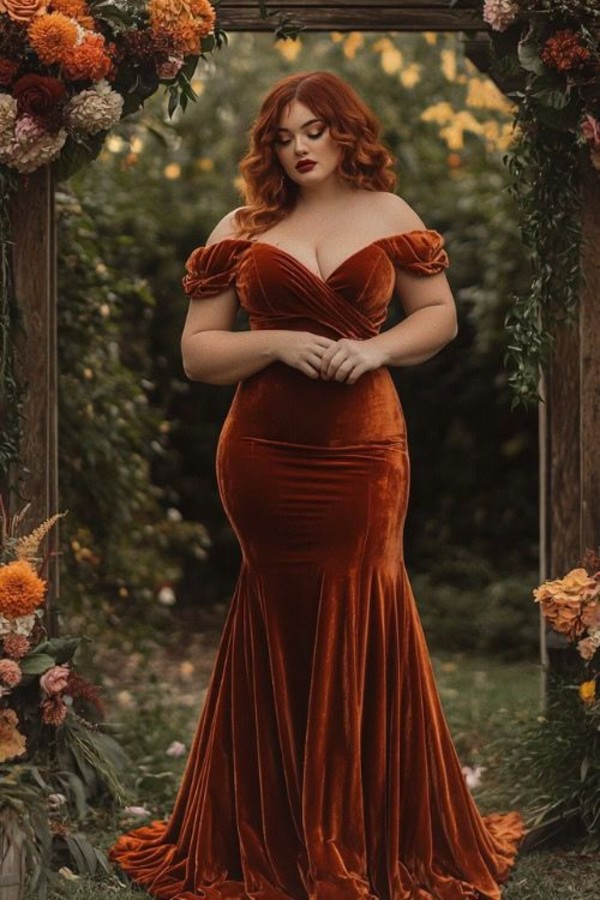 Model in full length orange velvet Wedding Guest Dress