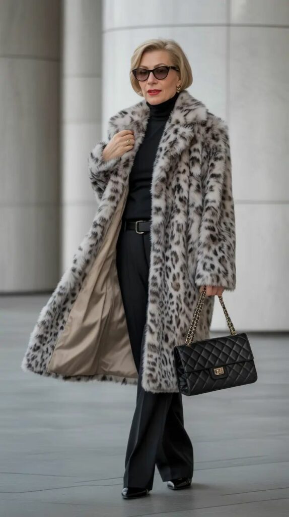 Model in leapard print fill length faux fur coat