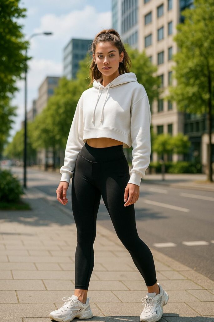 Model in white crop top hoodie with black leggings 