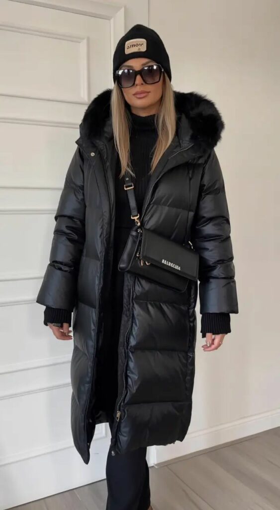Blond model in black full lenght  Puffer jacket with fur lined hood and knit cap 