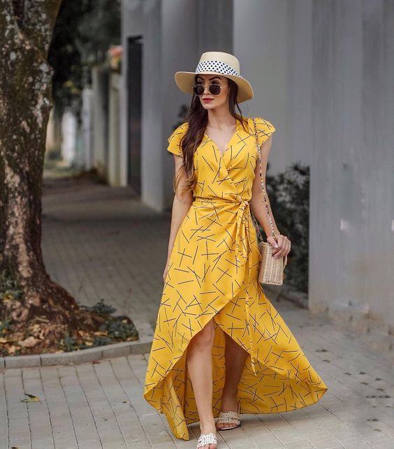 Yellow Printed Wrap Dresses