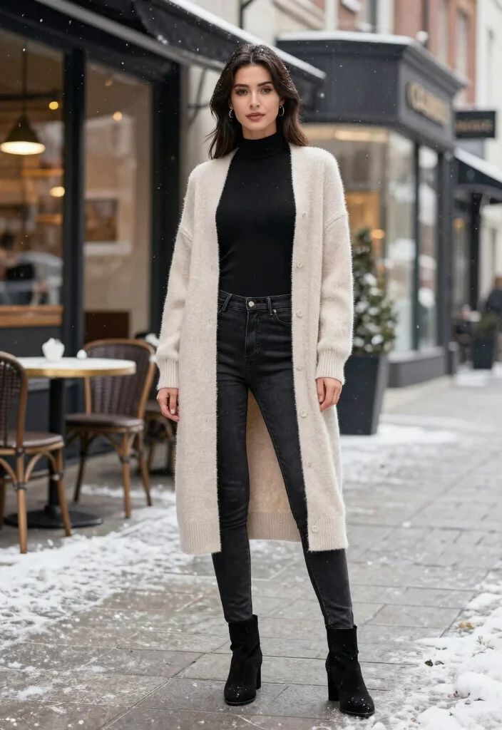 model in white Longline cardigan black jeans and form fitting top. 