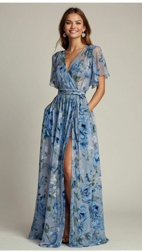 Model in blue flroal maxi dress 