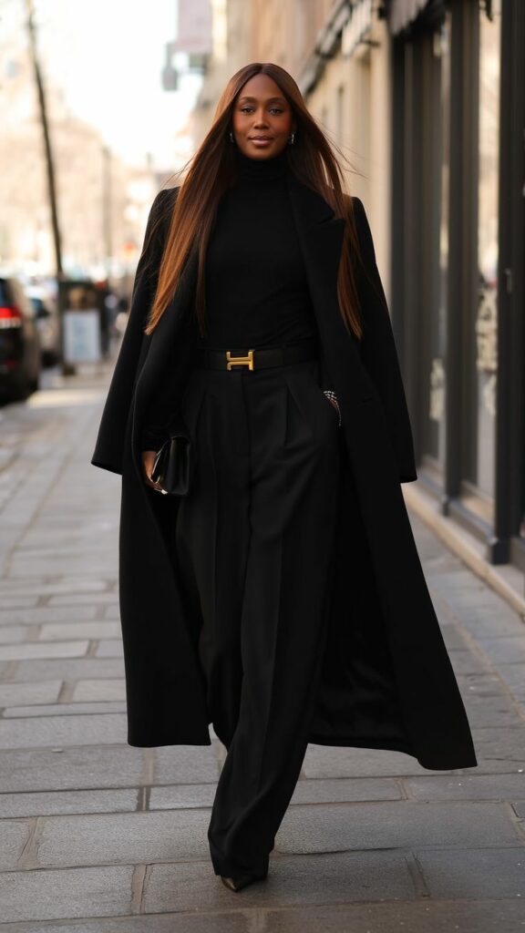 Model in black wool modern trench coat