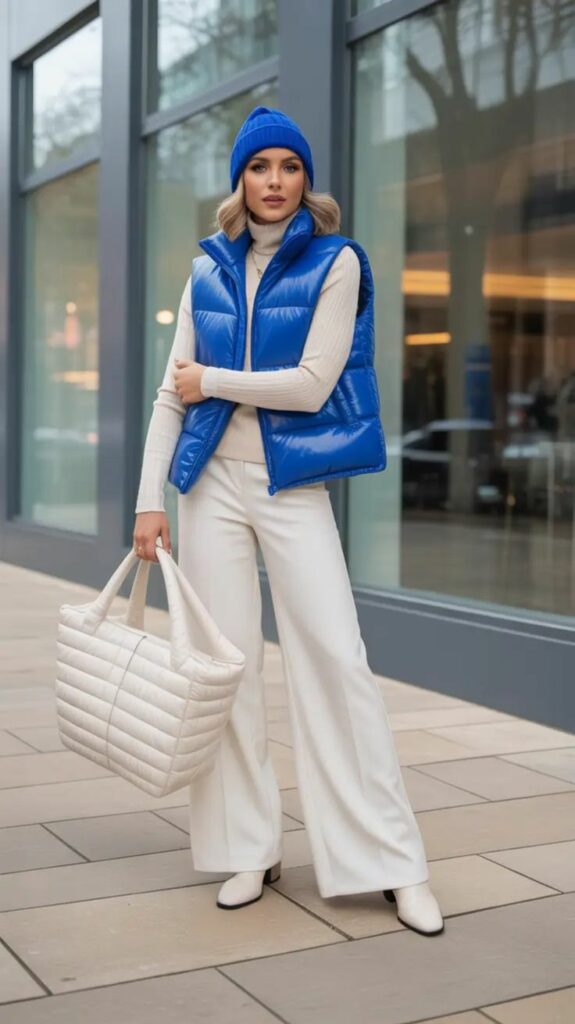 model wearing blue Cropped puffer jackets
