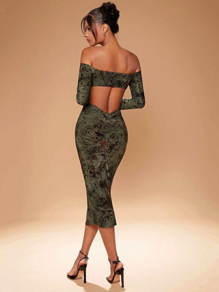 Model in green off the shoulder peekaboo back bodycon dress