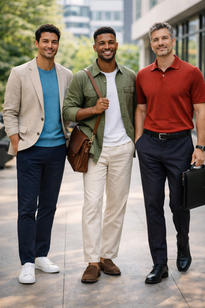 3 models wearing men's business-casual trends for spring