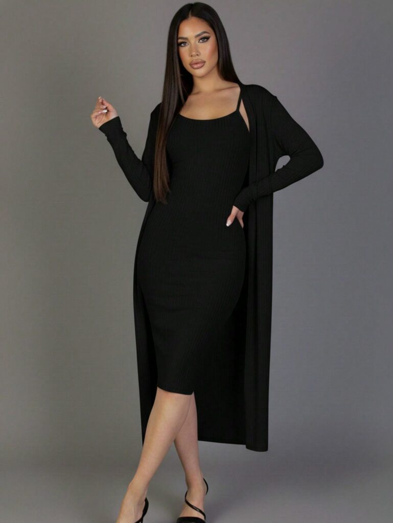 Model in black Longline cardigan with black middi dress.