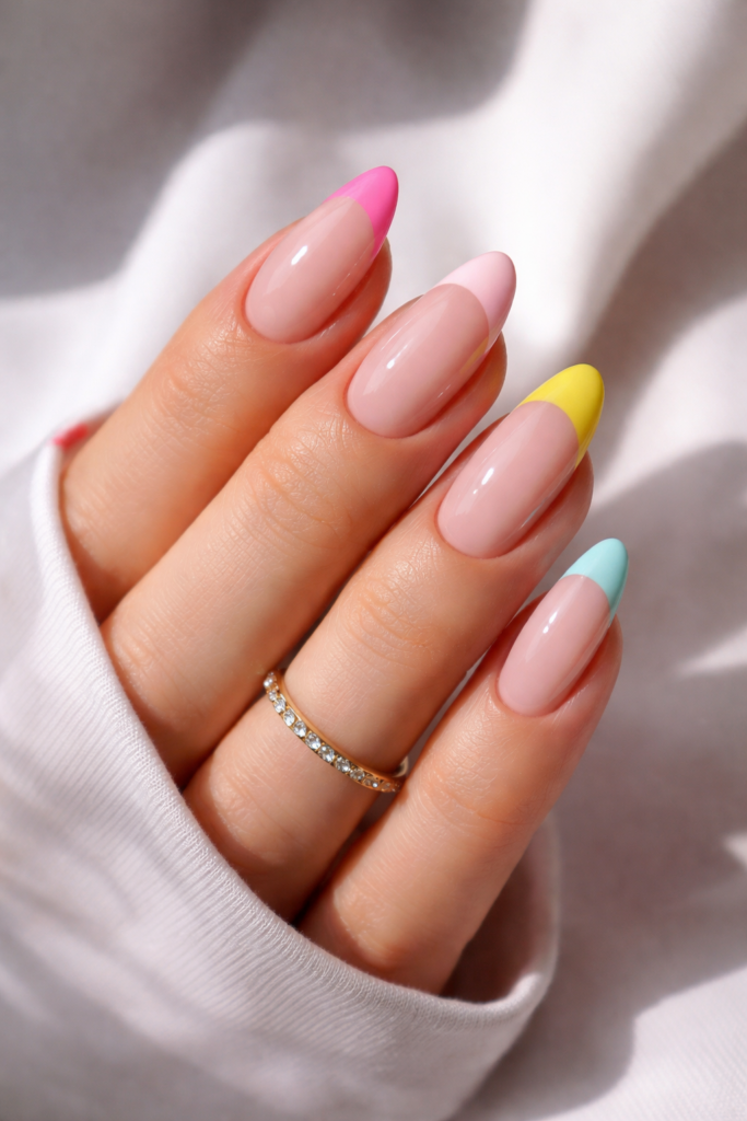 hand with colorful french tips nails