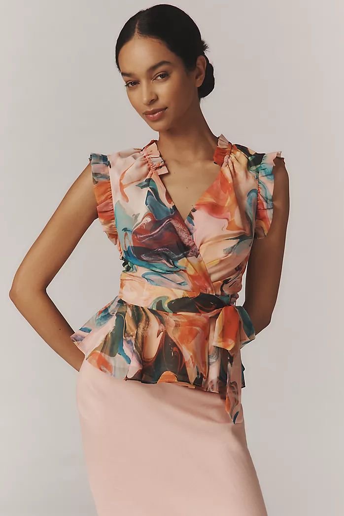 satin printed peplum tops