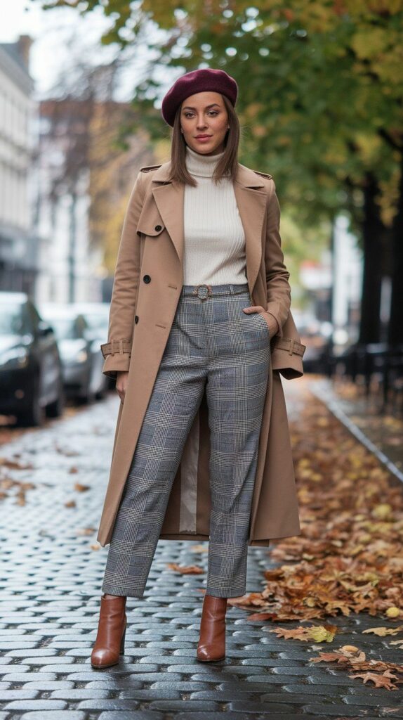 model in beige wool  trench coat.
