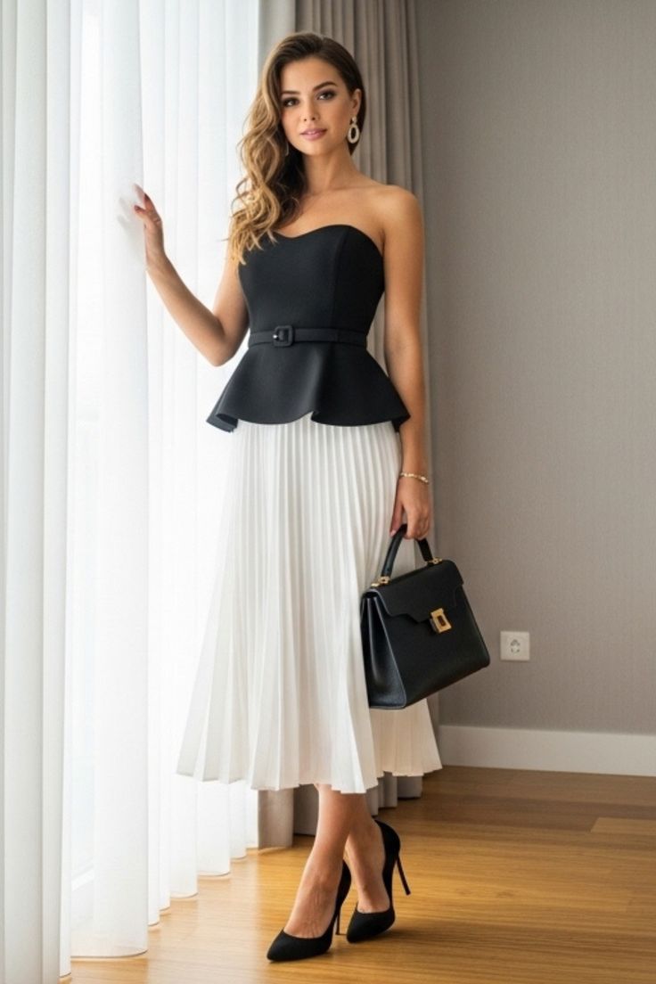 black tube Peplum Top paired with pleated midi skirt