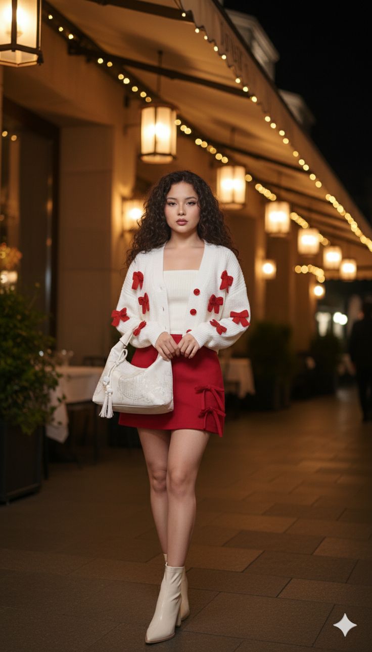 White Cropped cardigans with red ribbons