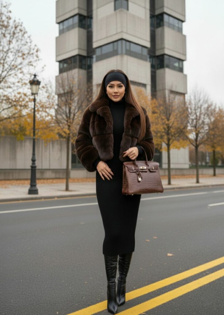 Model in brown fur coat with black pencil skirt