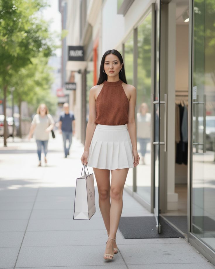 Model in brown sleeveless top and white pleated mini skirt