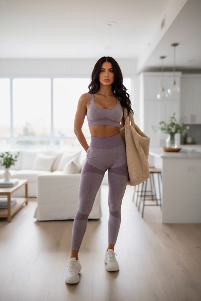 Model in purple print crop top high-waisted gym set