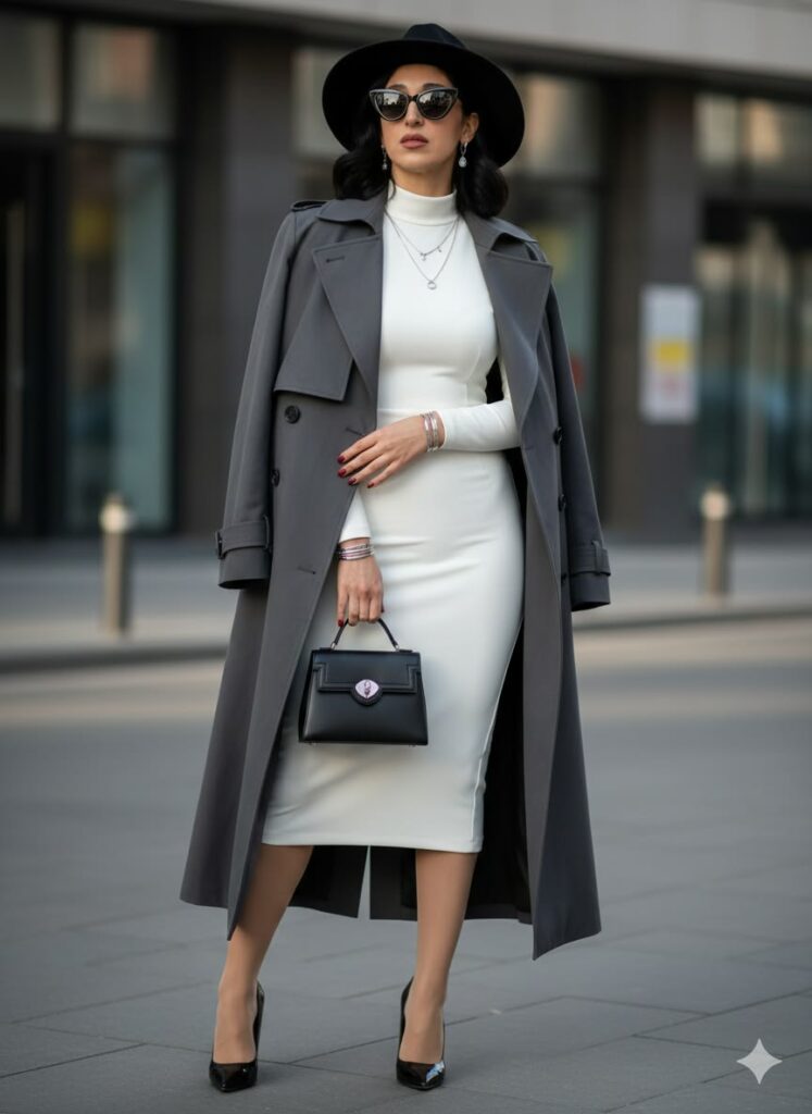 Model in white sweater dress and gray modern trench coats 