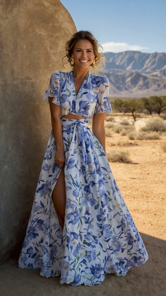 Model in blue floral maxi dress with pekaboo top 