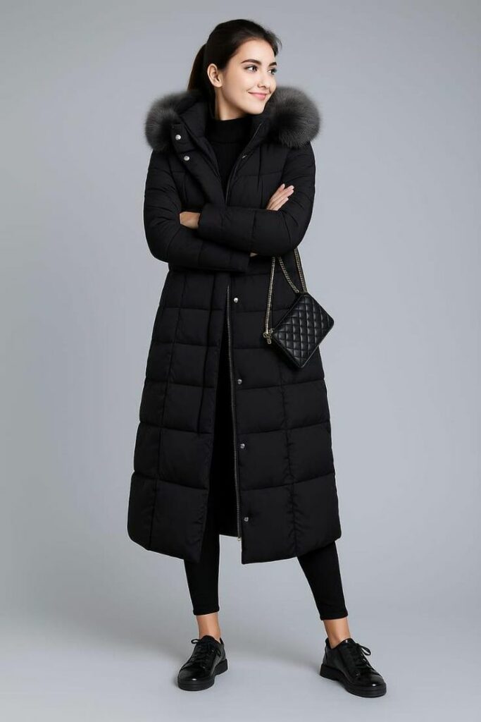 Model in black full lenght  Puffer jacket
