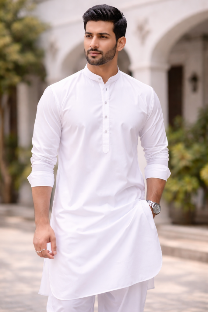 Model in white shalwar kameez