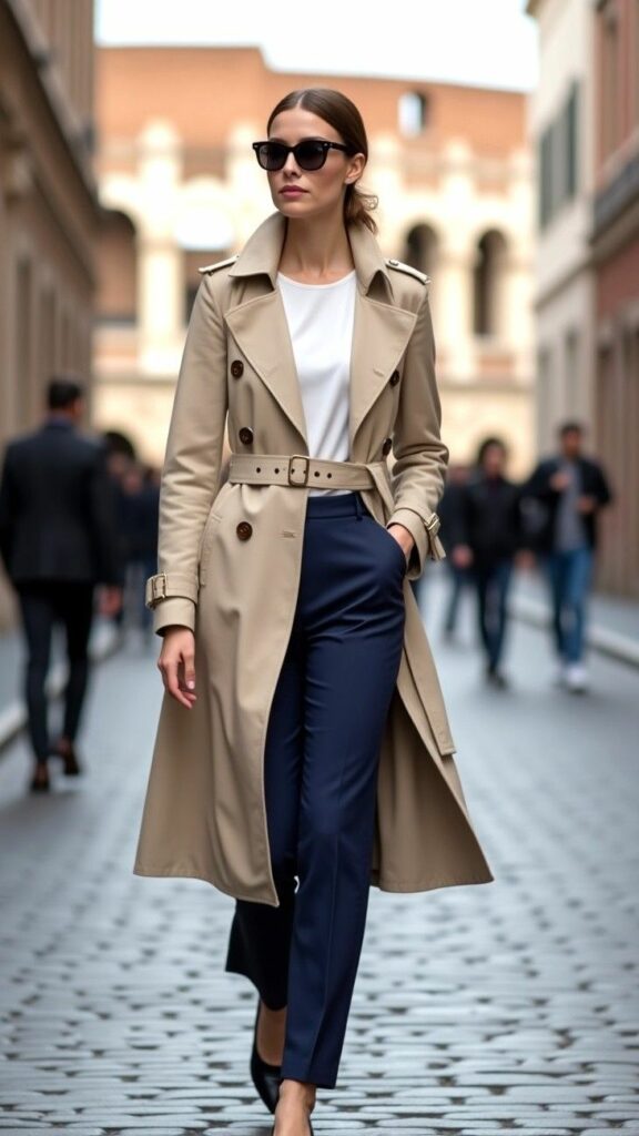 Model in tan modern trench coat