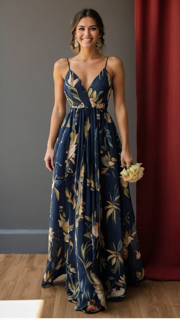 Model in dark blue print maxi dress