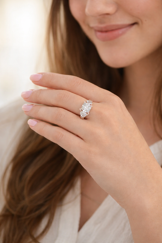 A woman wearing a lab-grown diamond rings