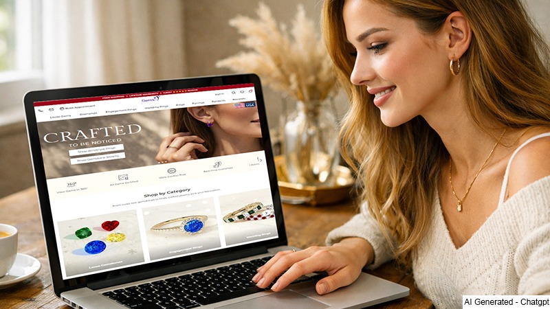 Model viewing online jewelry store on computer