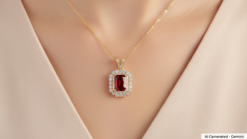 A woman wearing vintage style halo ruby necklace