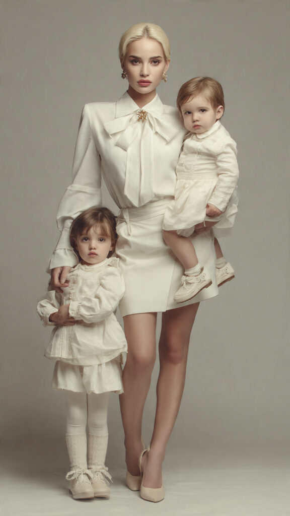 Kiddie Academy client mother in fashionable white dress with her two toddlers 