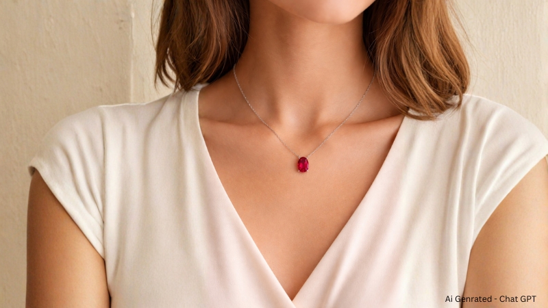 A woman wearing Ruby Pendant Necklace