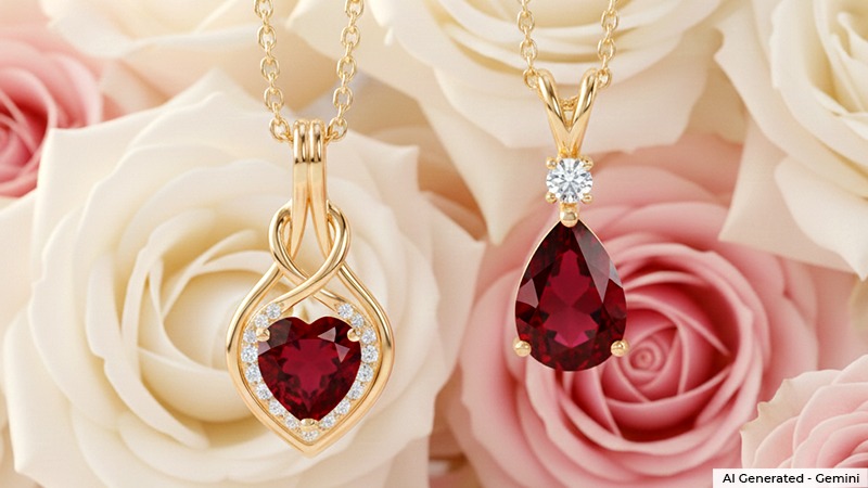 A collage of heart-shaped and teardrop ruby pendants in a background of white and pink roses