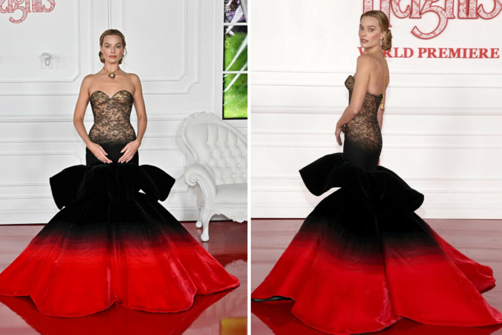 Margot Robbie Turns Heads in Schiaparelli Couture Neon Red Sfumato Ensemble at “Wuthering Heights” World Premiere