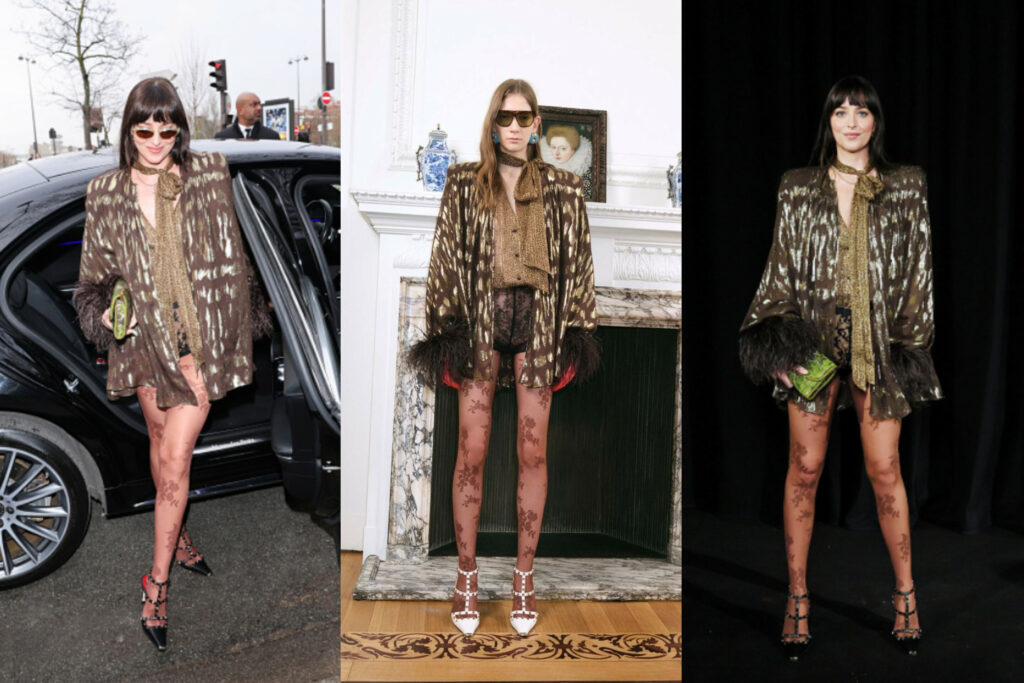 Dakota Johnson in a Metallic Cardigan and Lace Hot Pants at the Valentino Haute Couture Spring/Summer 26