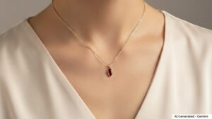 A ruby necklace adorned the neck of a woman