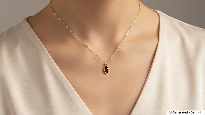 A ruby necklace adorned the neck of a woman