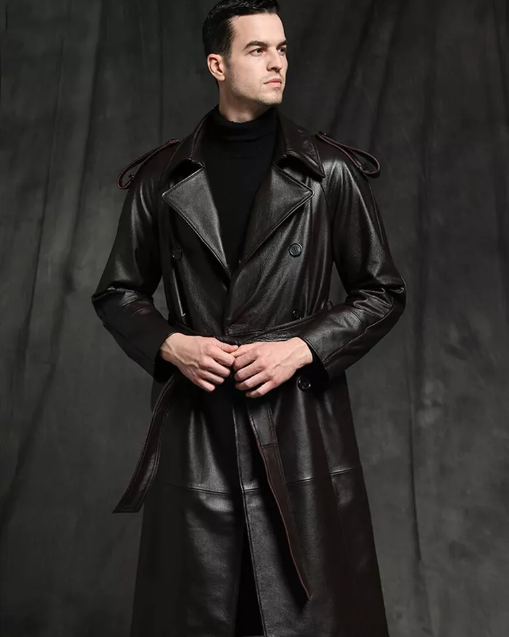 Model wearing full length black leather jacket
