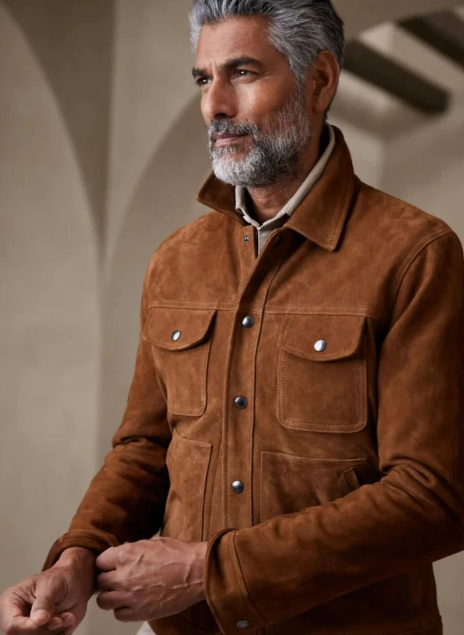 Model wearing suede Mens leather jacket