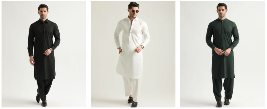 3 men in different types of Shalwar Kameez for Men