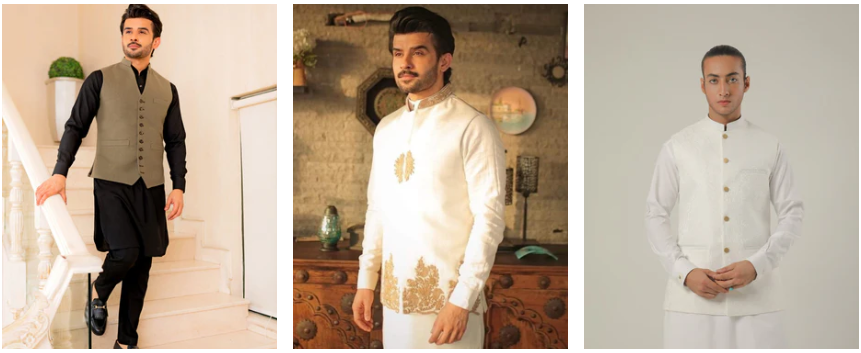Brown white and white with glod trim versions of the waistcoat for men