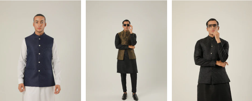 3 examples of the Luxury Lawn Collection blue gold and black 