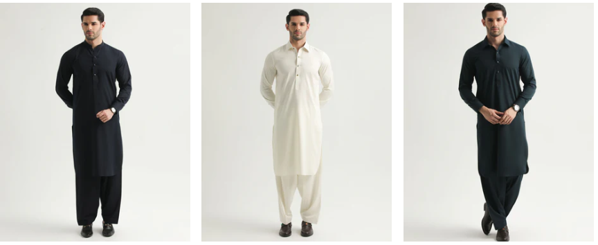3 men wearing shalwar kameez black and white