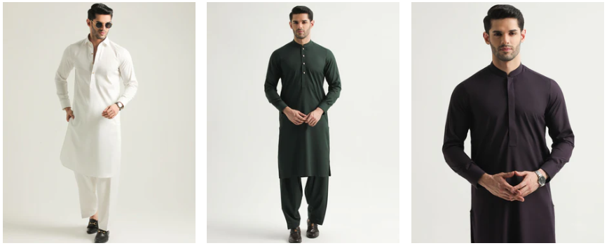 3 men wearing shalwar kameez white black and maroon