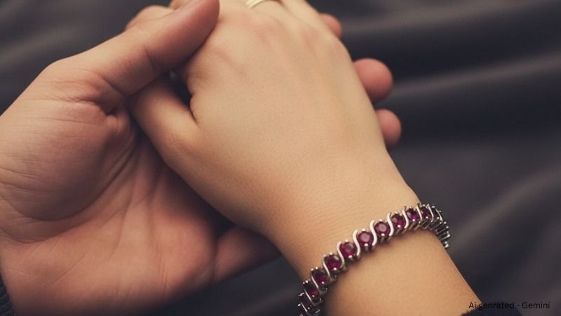 a woman is wearing Ruby Bracelets