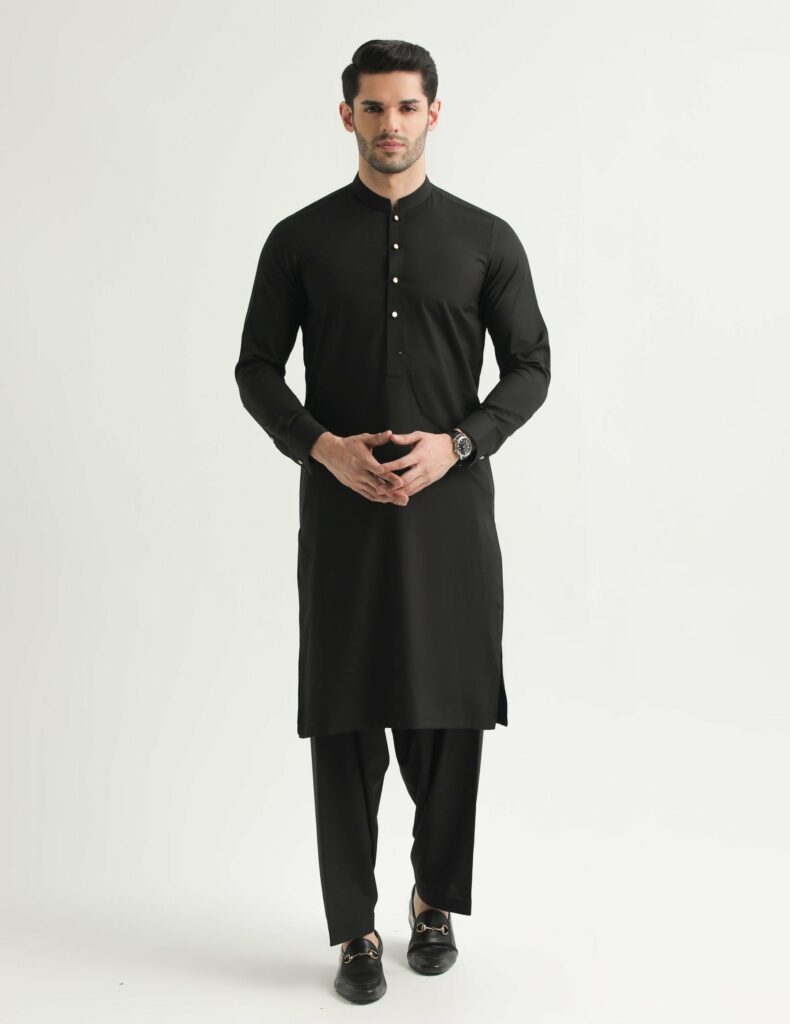 Model wearing balck waistcoat