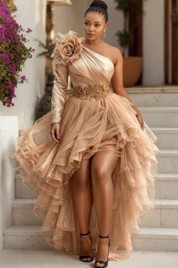 Model in a biege high fron skirt off the shoulder Wedding Guest Dress