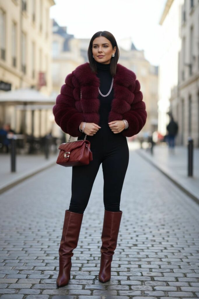 Model in burgundy faux fur coats