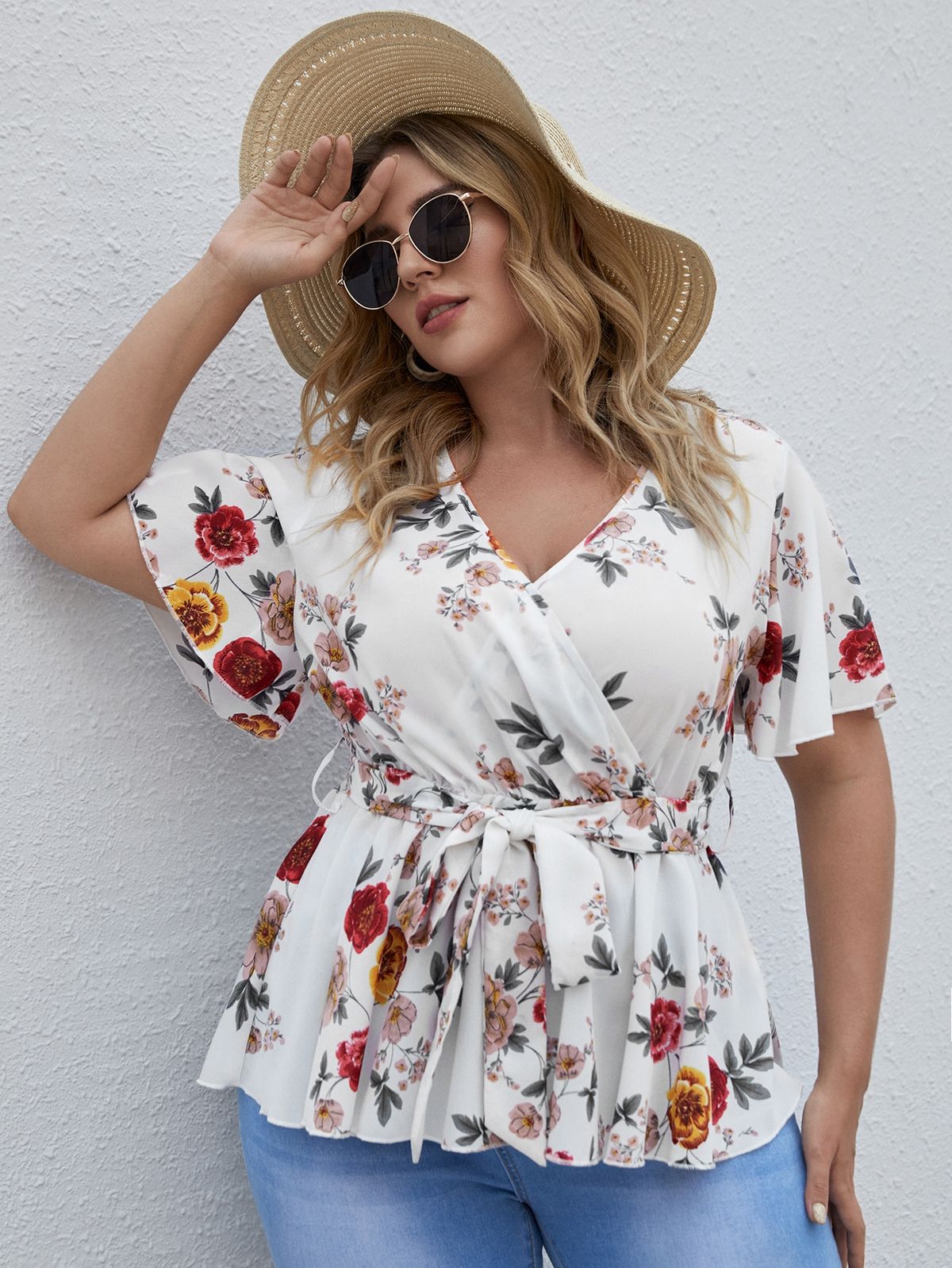 White printed peplum tops